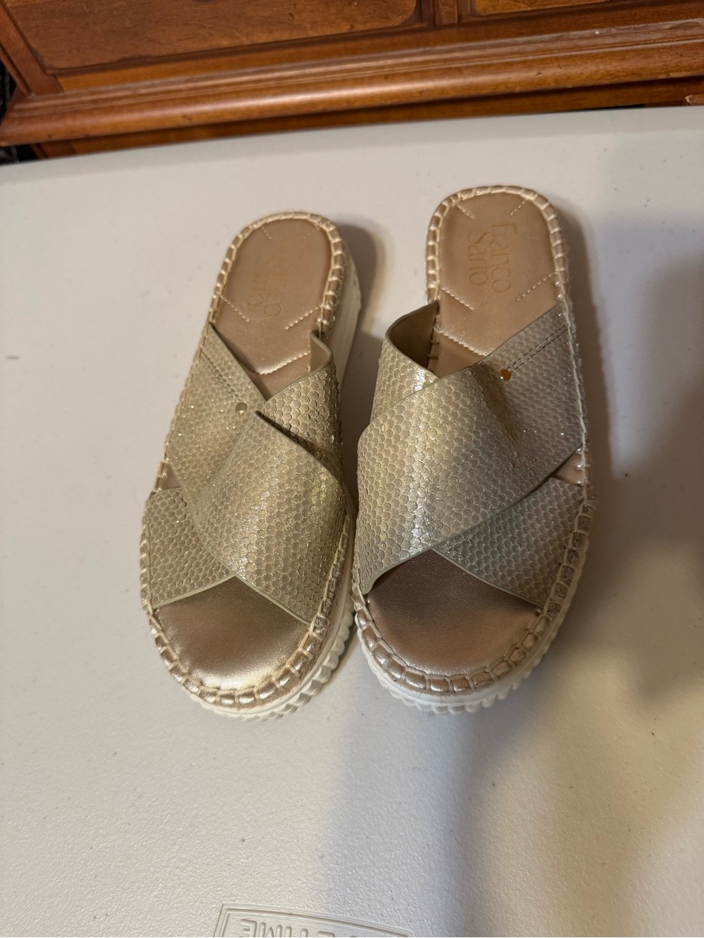 Metallic Gold Cross-Strap Slide Sandals - Women